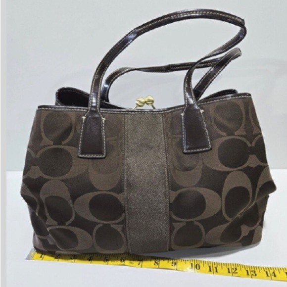 COACH #H1173-F18036 DARK BROWN FRAMED KISSLOCK STRIPED SIGNATURE CANVAS/LEATHER - Picture 6 of 9